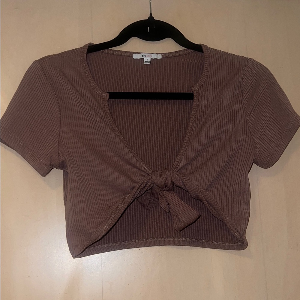 BDG Ribbed Tie-Front Crop Top - Brown
